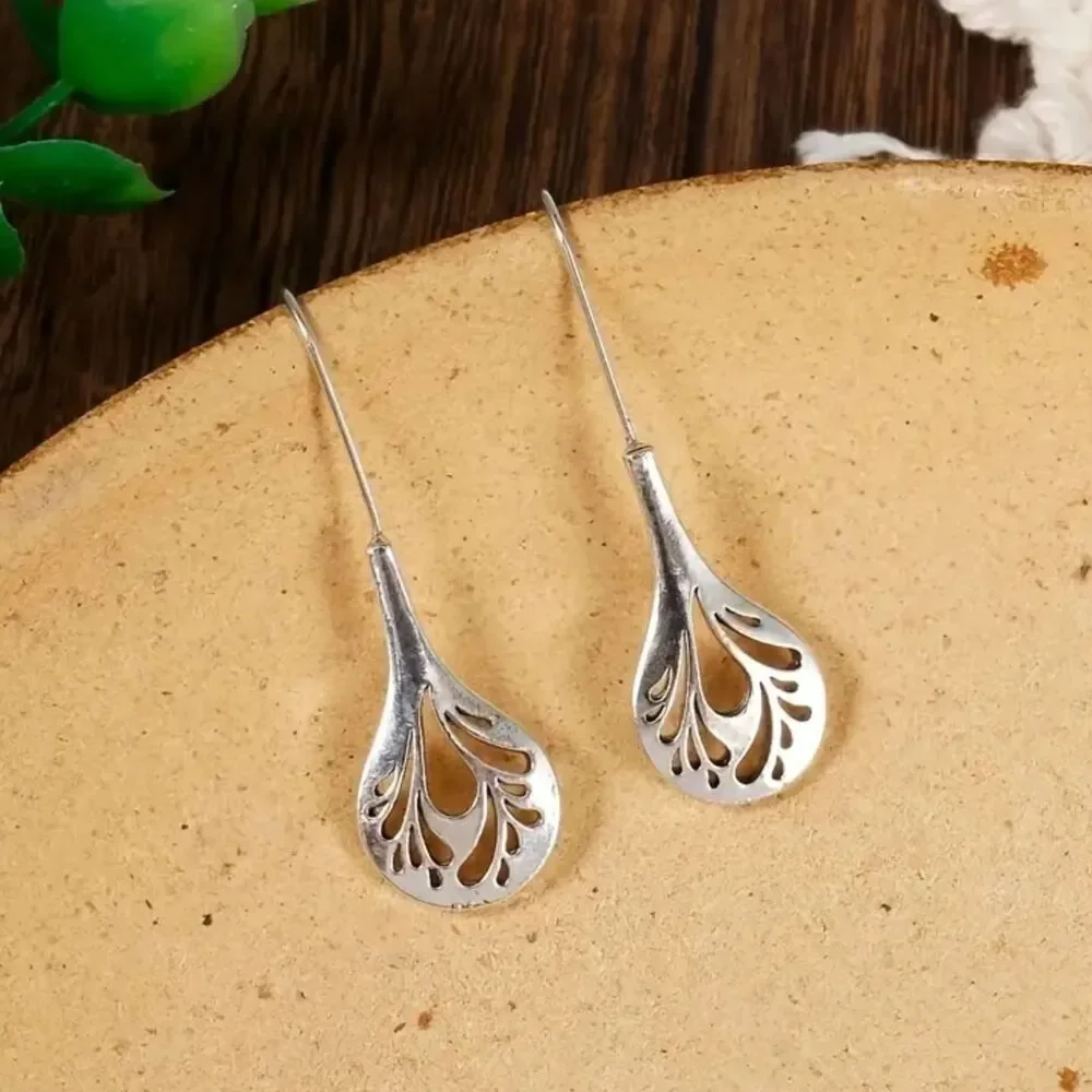 Handmade Silver Long Hook Drop Earrings Dangle Open Teardrop Leaf Vtg Boho New